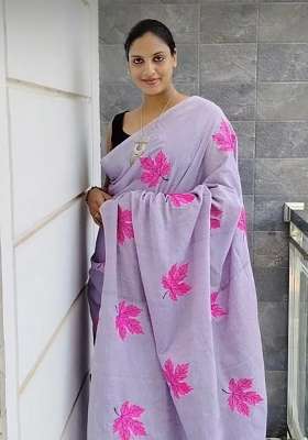 Light Lavender Floral Print Linen Saree Set