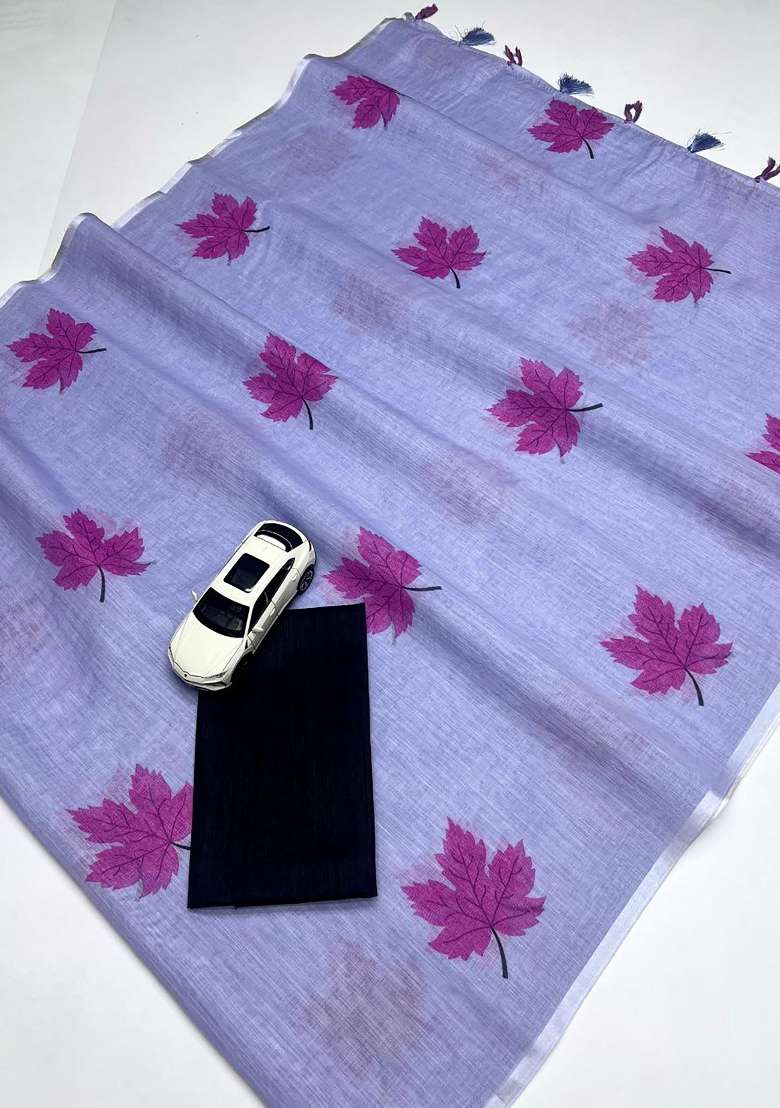 Light Lavender Floral Print Linen Saree Set - Indya