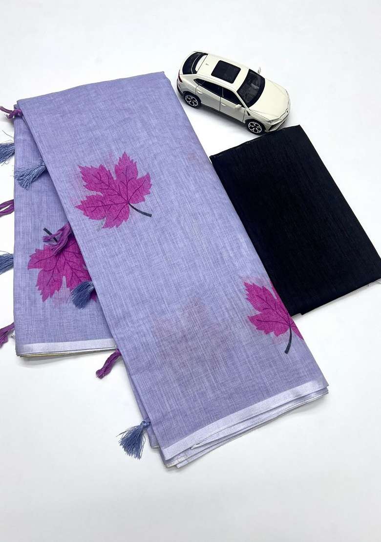 Light Lavender Floral Print Linen Saree Set - Indya
