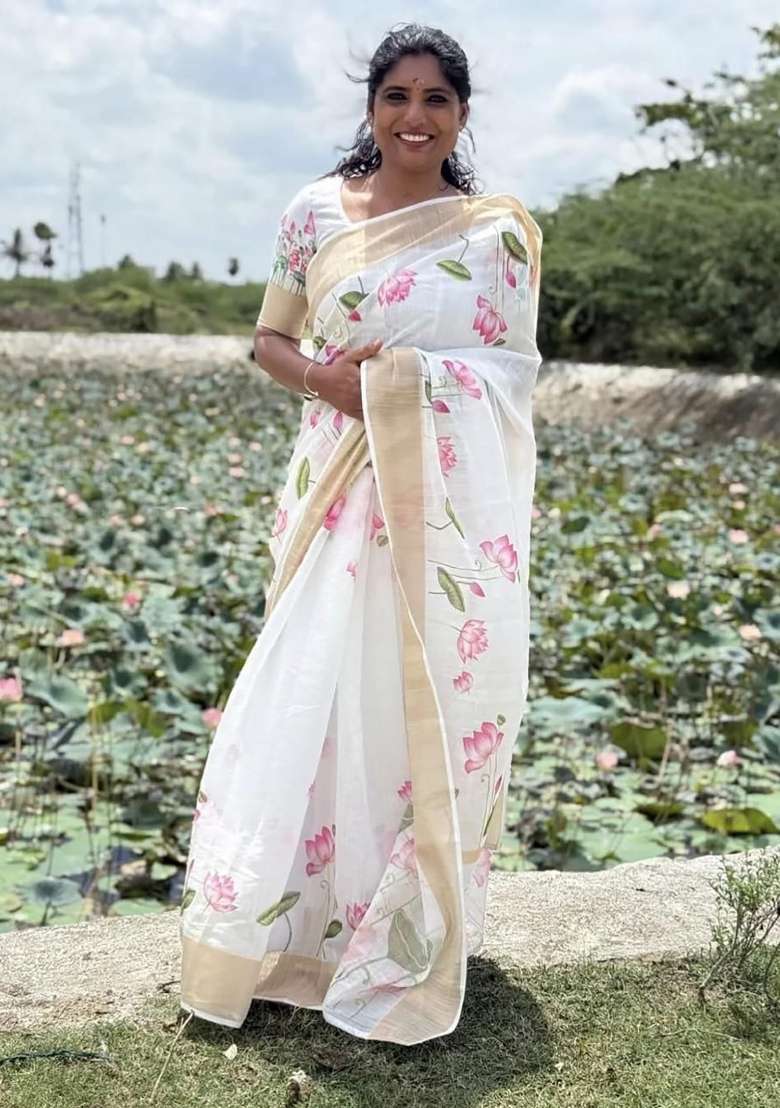 White Floral Print Linen Saree Set - Indya