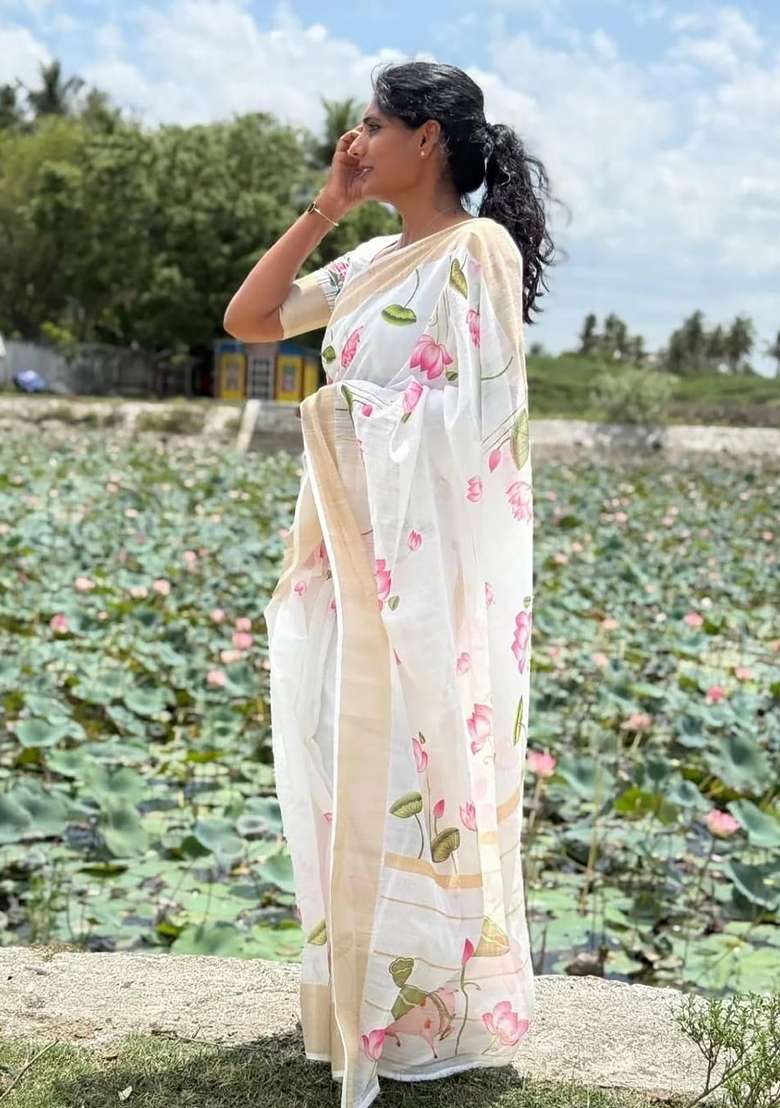 White Floral Print Linen Saree Set - Indya