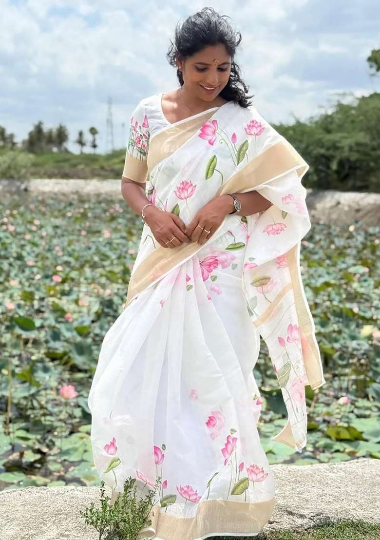 White Floral Print Linen Saree Set - Indya