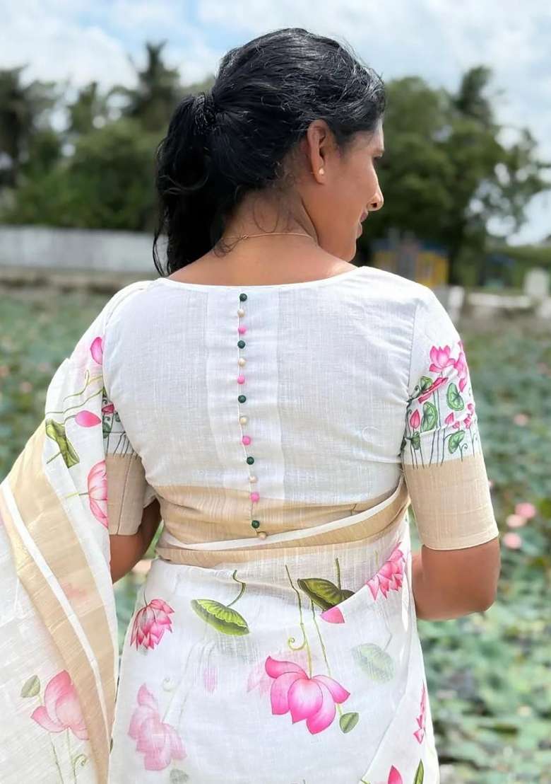 White Floral Print Linen Saree Set - Indya