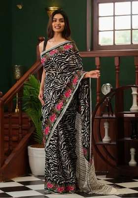 Black And White Printed Linen Saree Set