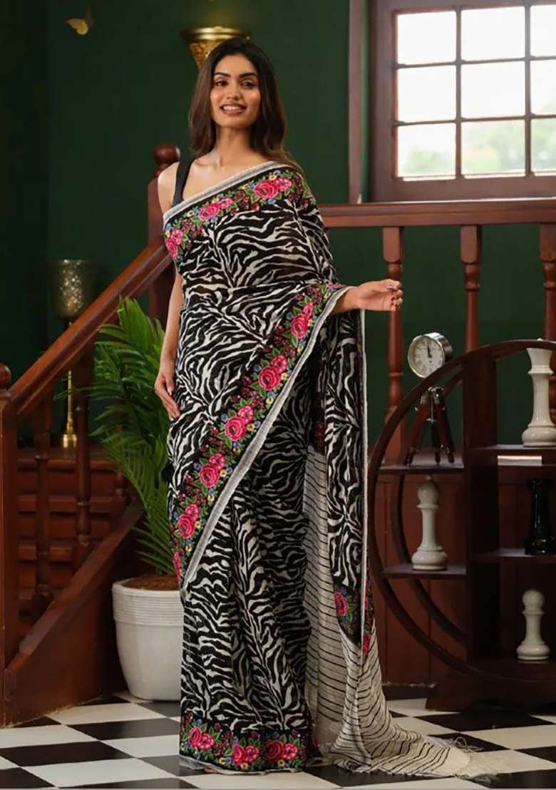 Black And White Printed Linen Saree Set - Indya