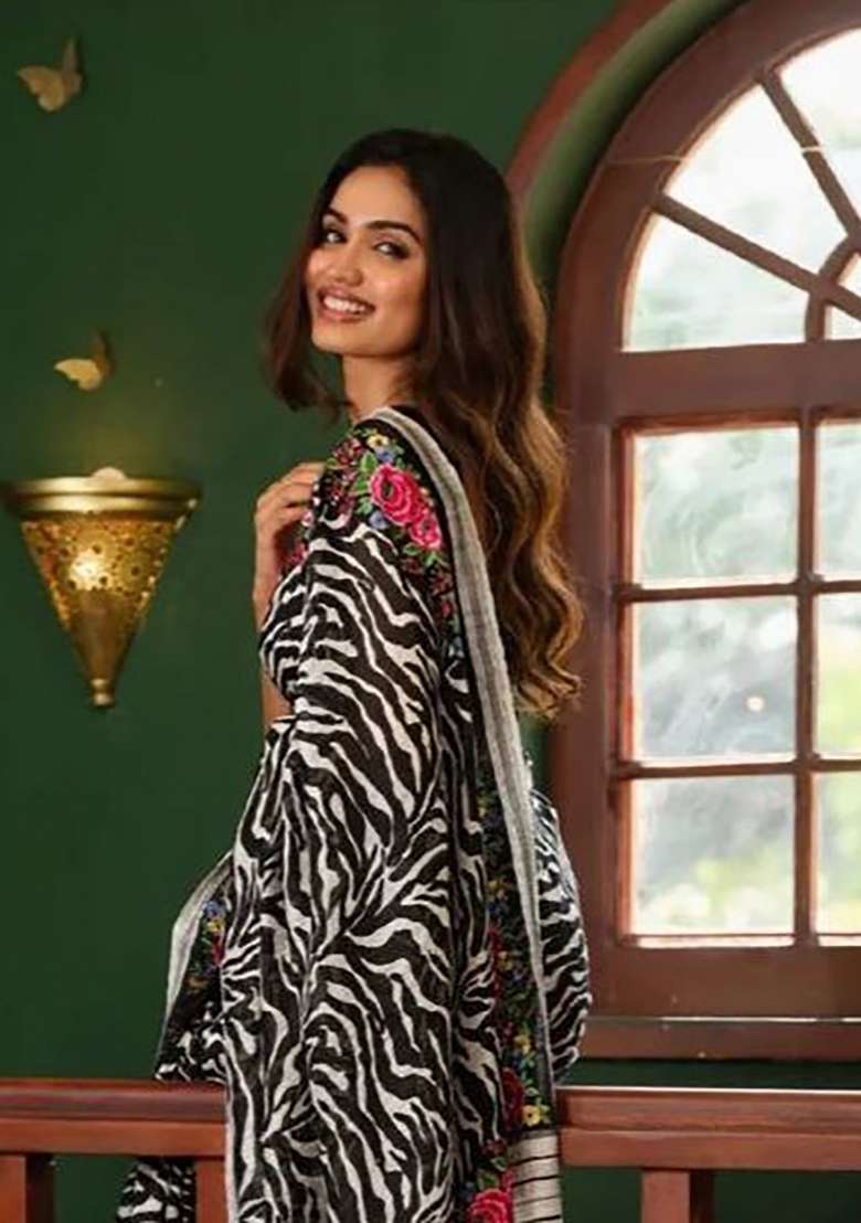 Black And White Printed Linen Saree Set - Indya