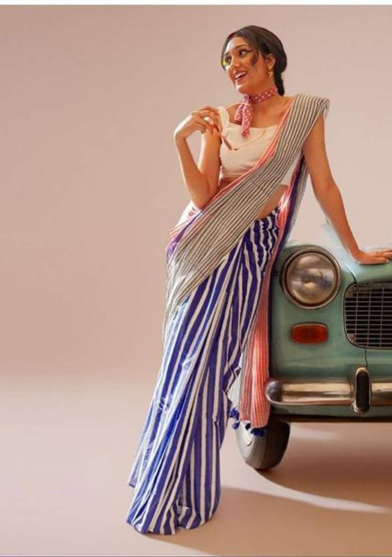 Pink And White Striped Linen Saree Set - Indya