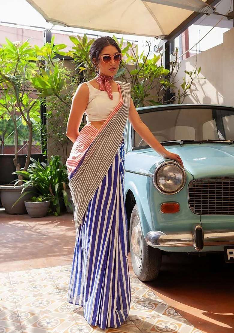 Pink And White Striped Linen Saree Set - Indya