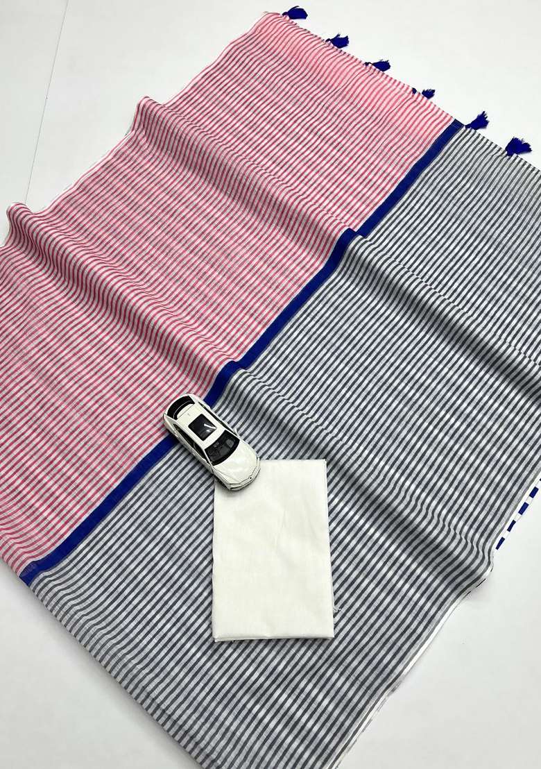 Pink And White Striped Linen Saree Set - Indya