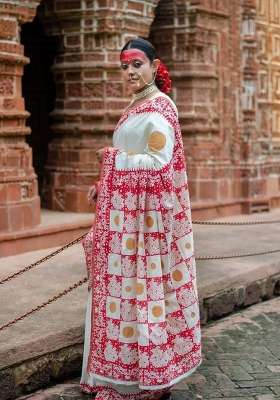 Off White And Pink Polka Dot Linen Saree Set
