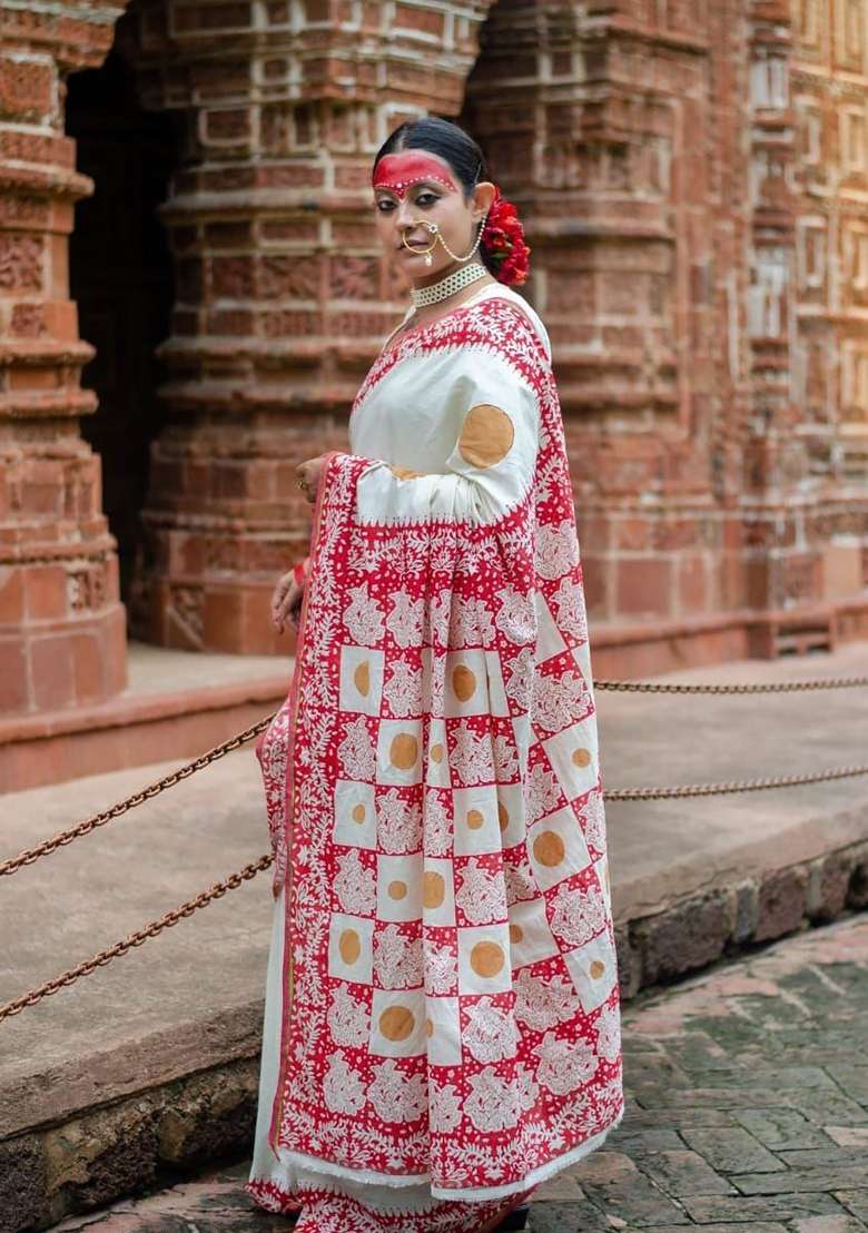 Off White And Pink Polka Dot Linen Saree Set - Indya