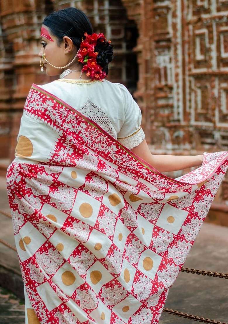 Off White And Pink Polka Dot Linen Saree Set - Indya