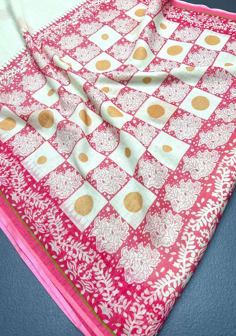 Off White And Pink Polka Dot Linen Saree Set - Indya