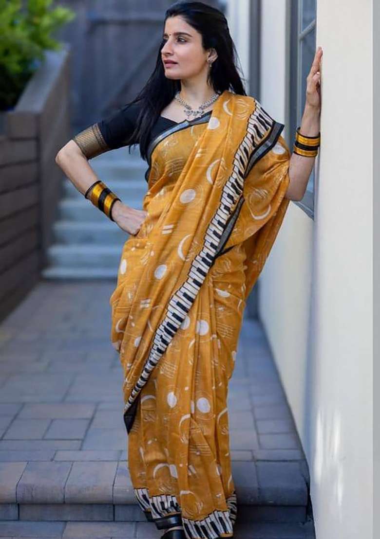 Mustard Yellow Musical Motifs Linen Saree Set - Indya