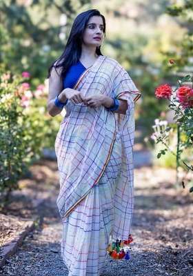 Off White Checked Linen Saree Set