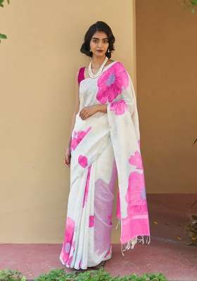 Off White Floral Print Linen Saree Set