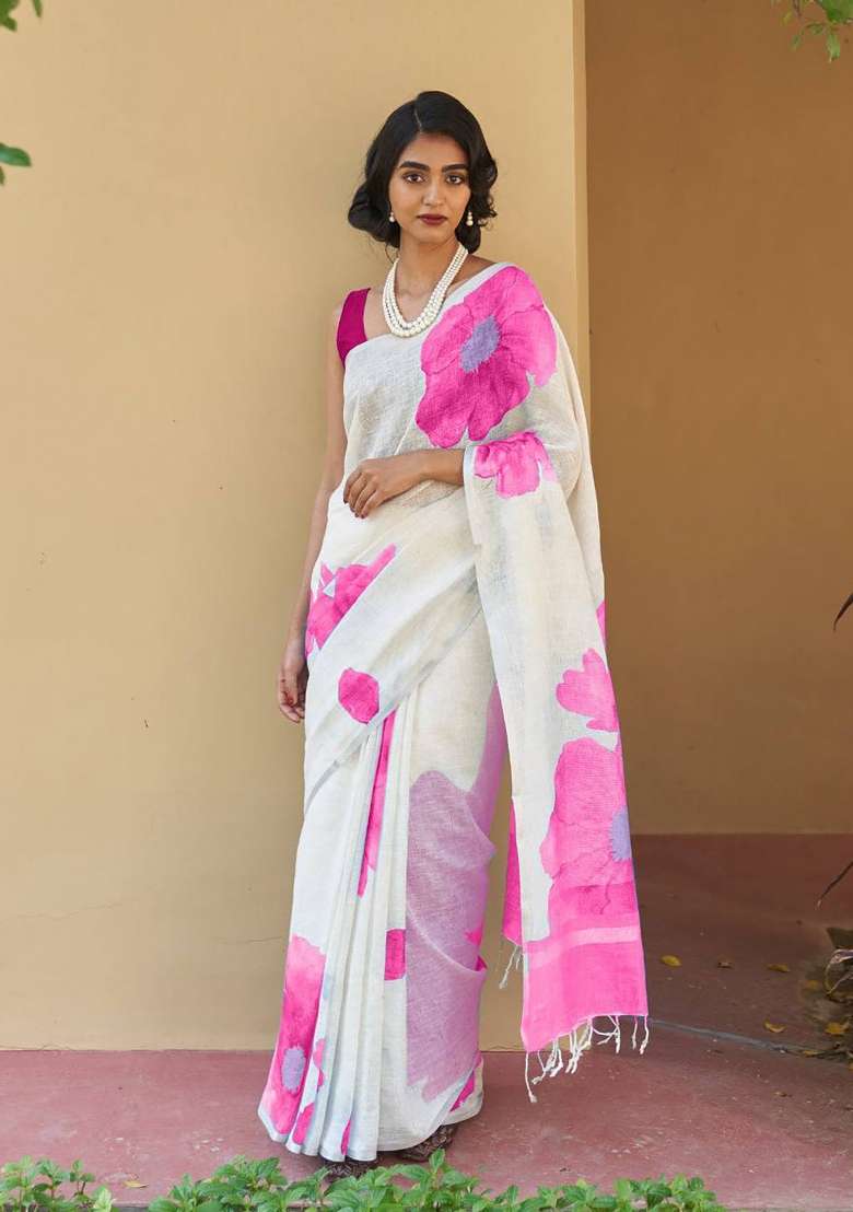 Off White Floral Print Linen Saree Set - Indya