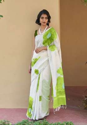 Off White Floral Print Linen Saree Set