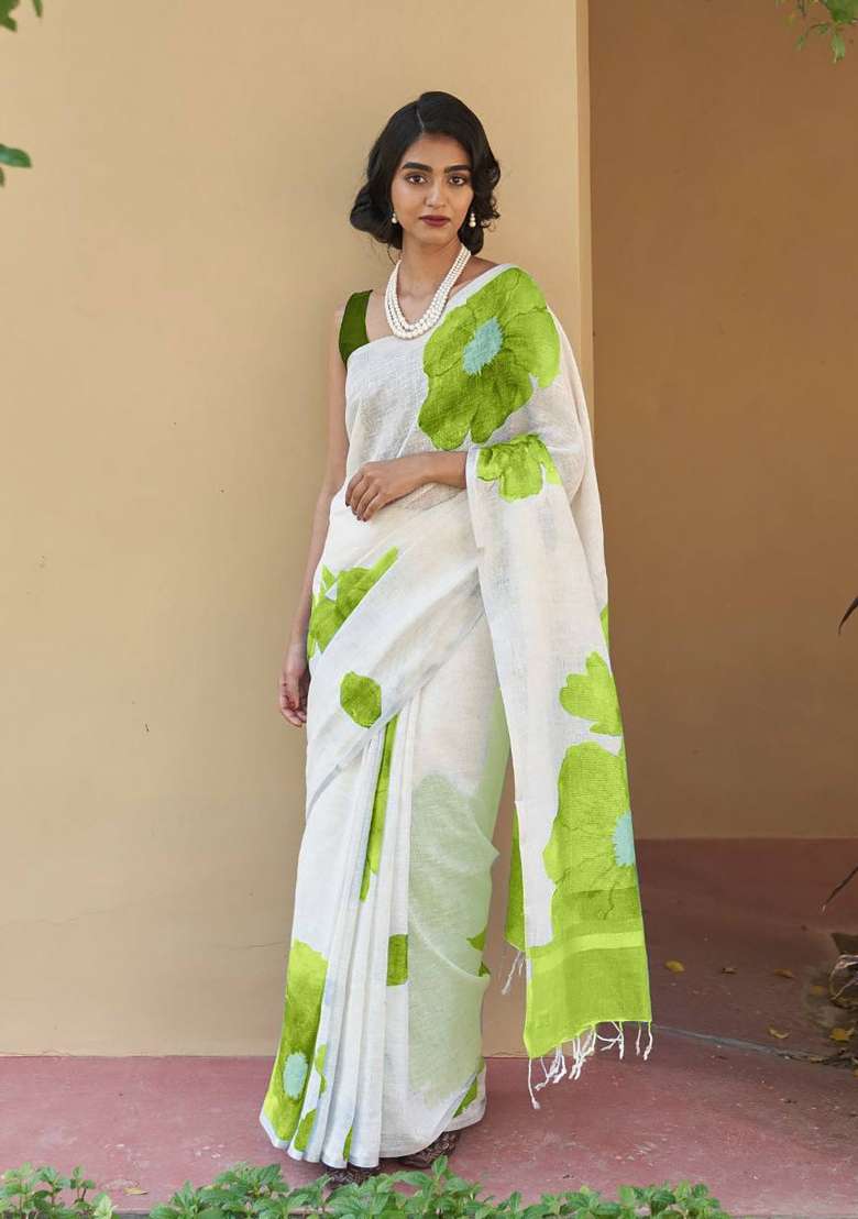 Off White Floral Print Linen Saree Set - Indya