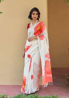 Off White Floral Print Linen Saree Set