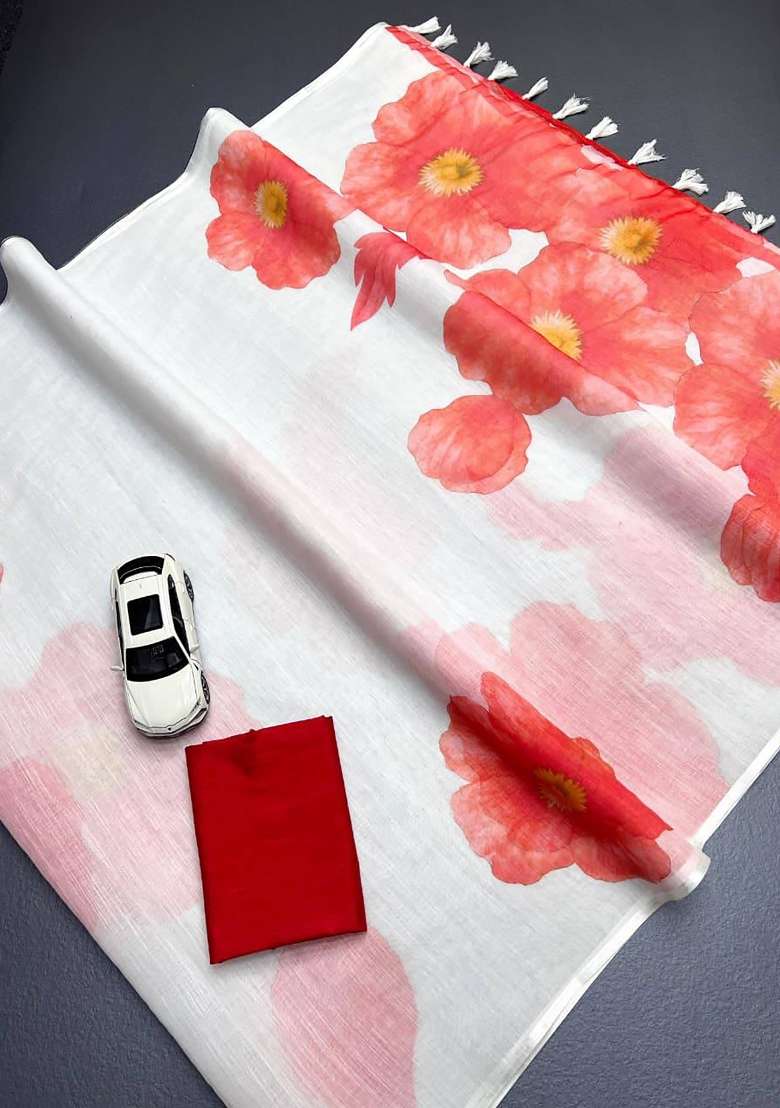 Off White Floral Print Linen Saree Set - Indya