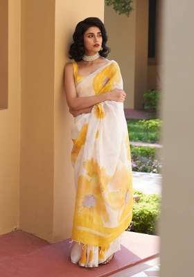 Off White Floral Print Linen Saree Set