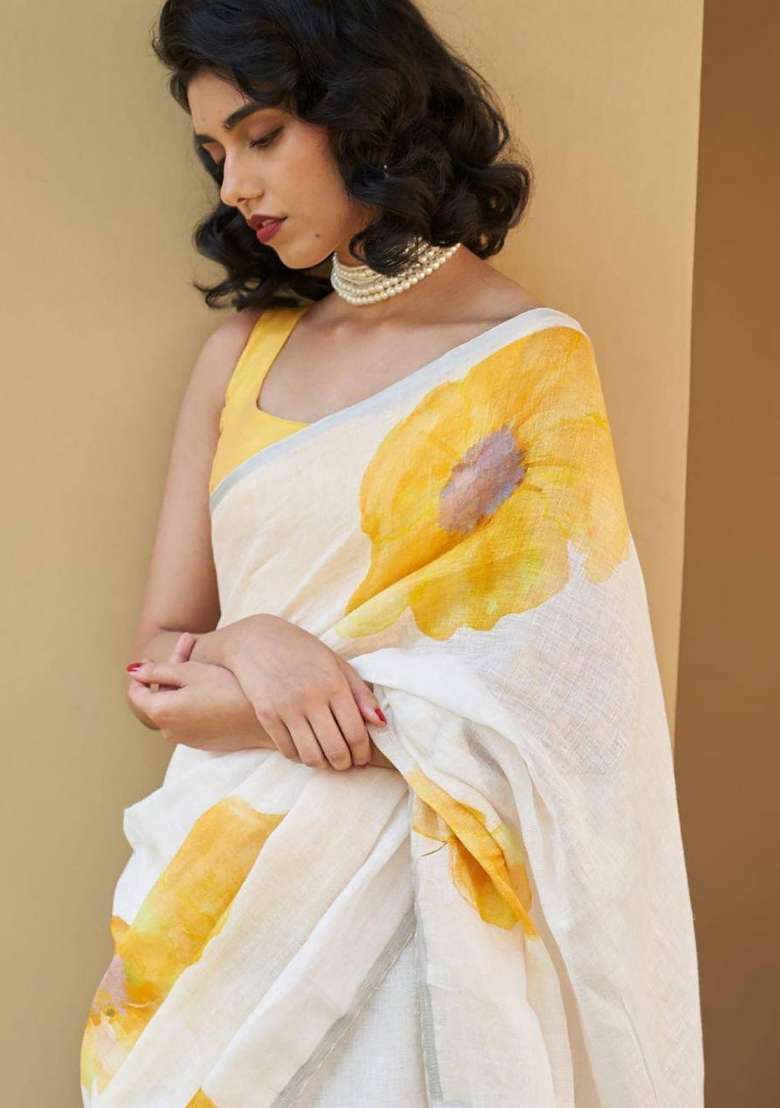 Off White Floral Print Linen Saree Set - Indya