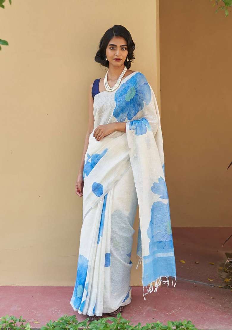 Off White Floral Print Linen Saree Set - Indya