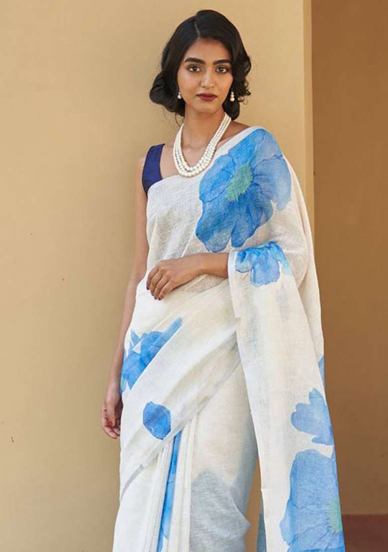 Off White Floral Print Linen Saree Set - Indya