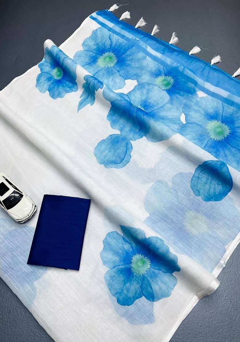 Off White Floral Print Linen Saree Set - Indya