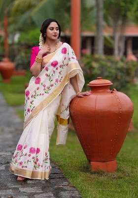 Off White Striped Linen Saree Set