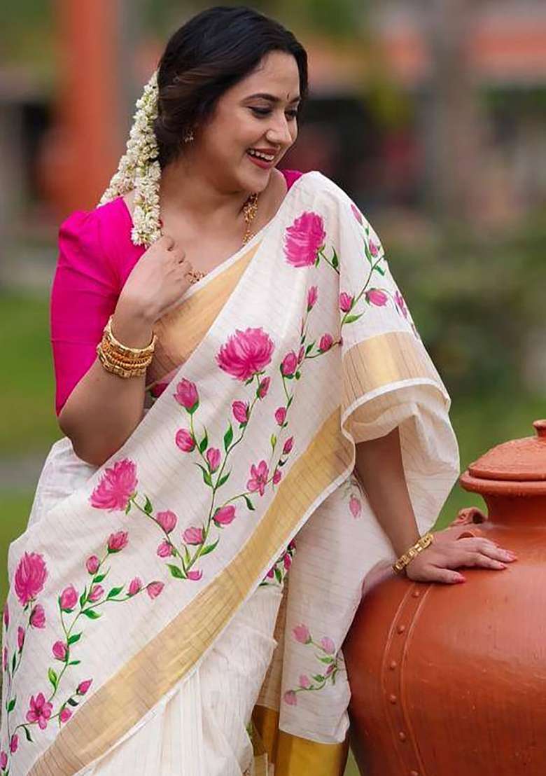 Off White Striped Linen Saree Set - Indya