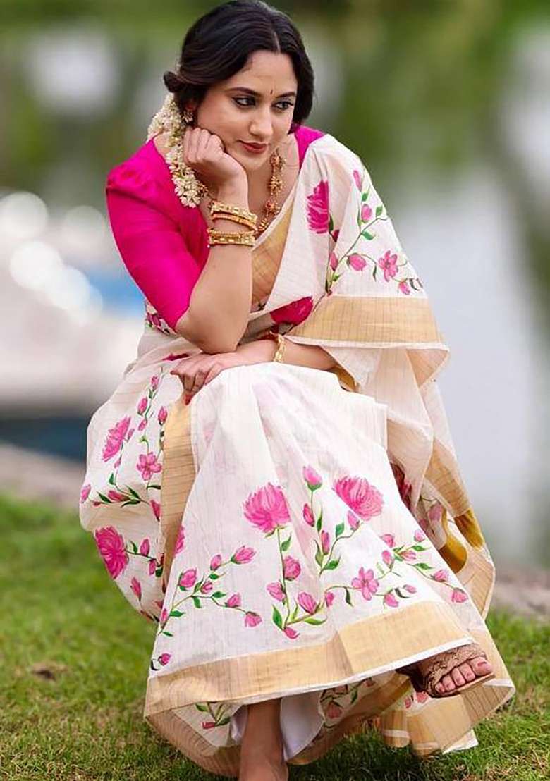 Off White Striped Linen Saree Set - Indya