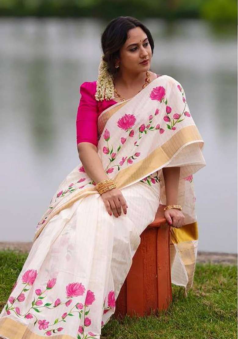 Off White Striped Linen Saree Set - Indya