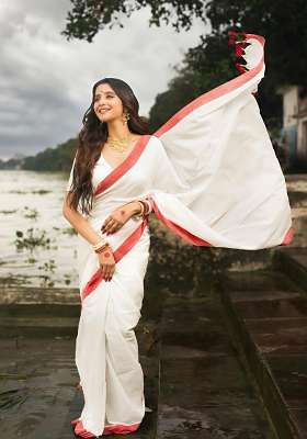 Off White And Red Plain Linen Saree Set