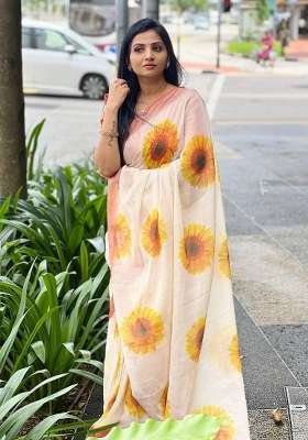 Off White Floral Print Linen Saree Set