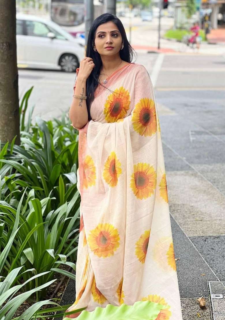 Off White Floral Print Linen Saree Set - Indya