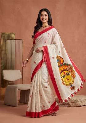 White And Red Kalamkari Linen Saree Set