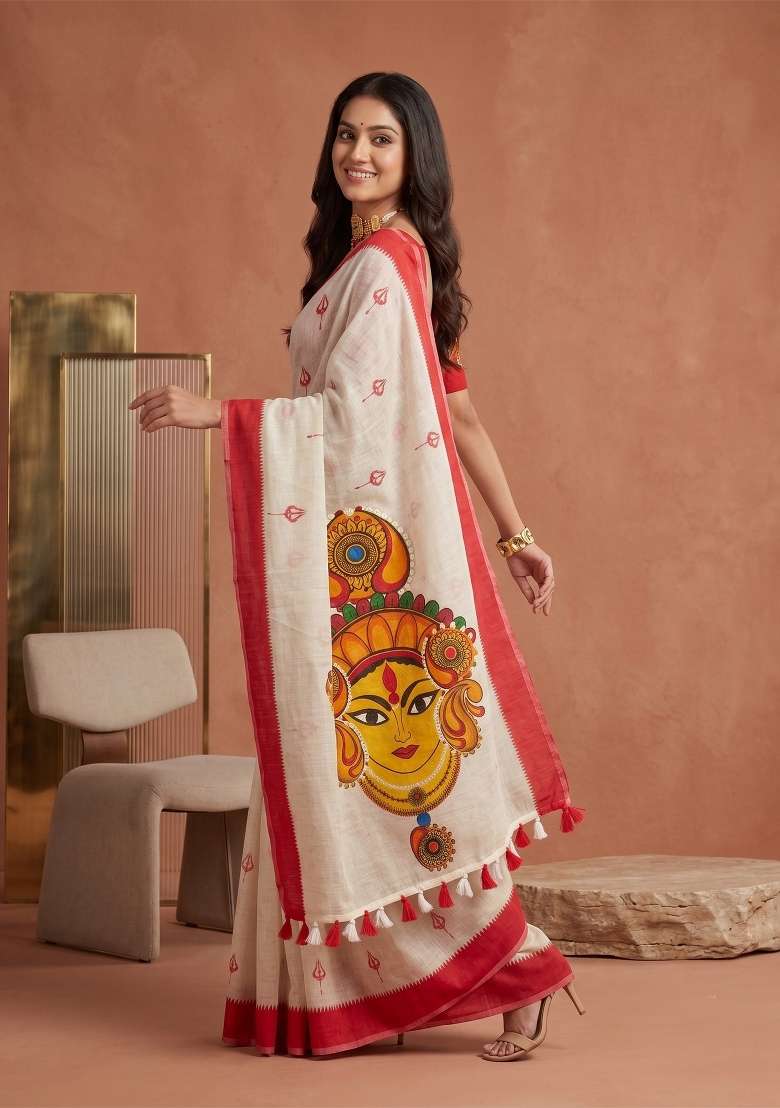 White And Red Kalamkari Linen Saree Set - Indya