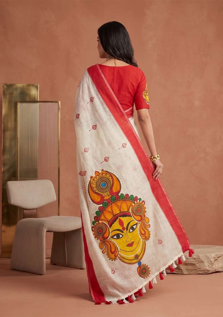 White And Red Kalamkari Linen Saree Set - Indya