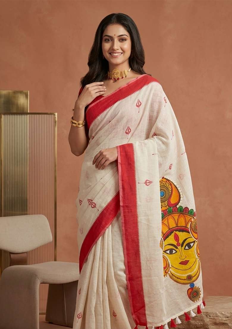 White And Red Kalamkari Linen Saree Set - Indya