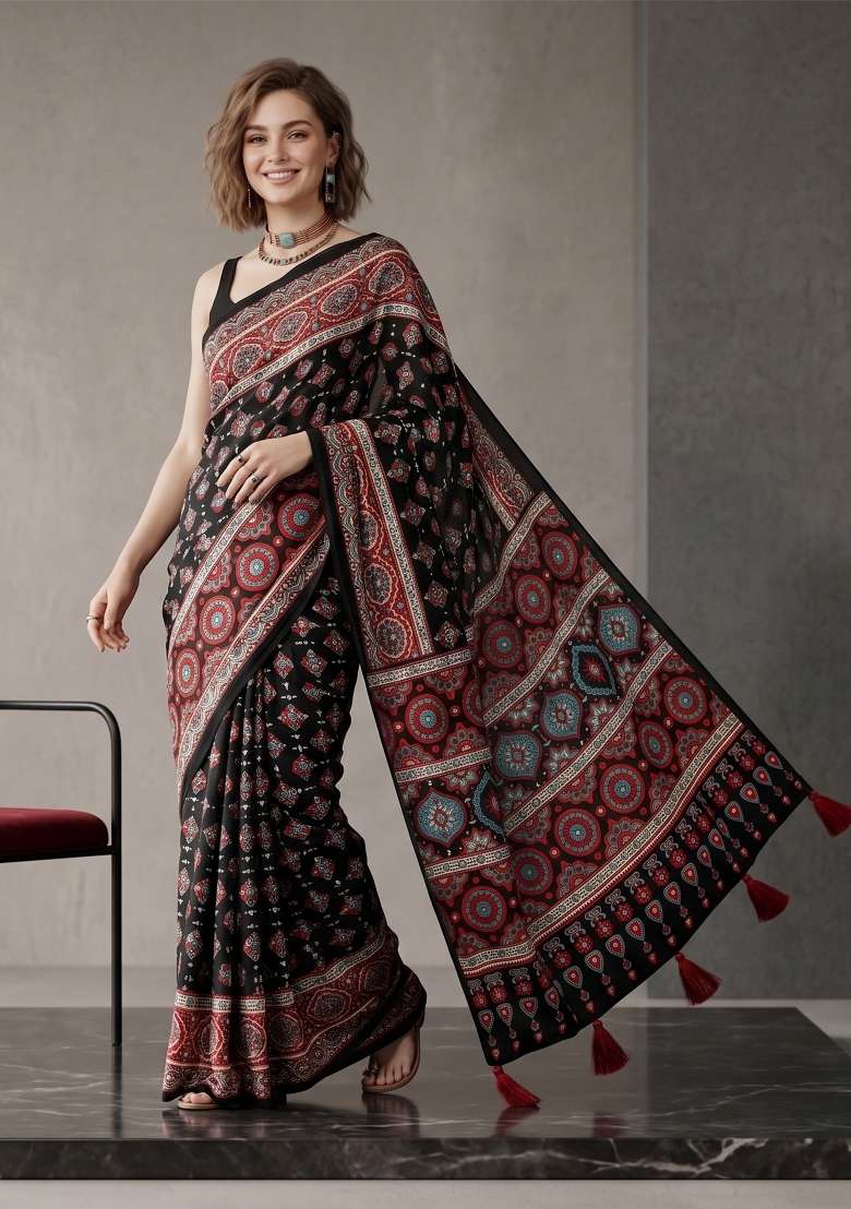 Black Geomatric Silk Saree Set - Indya