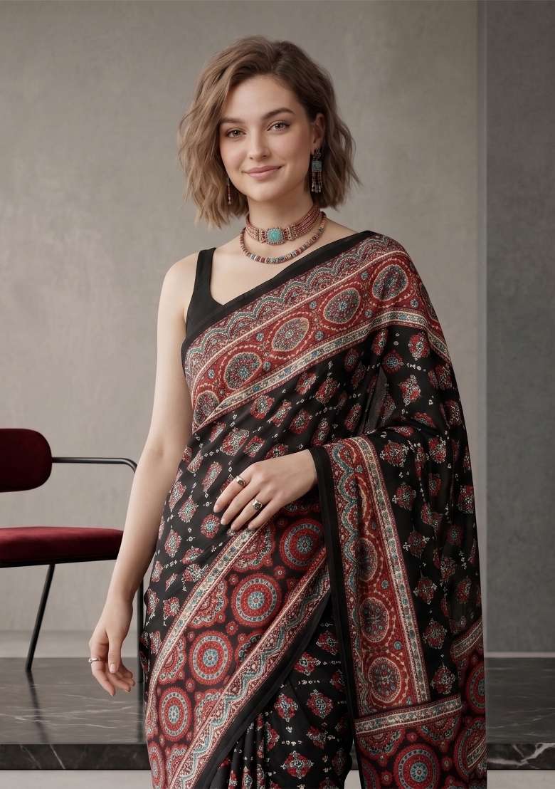 Black Geomatric Silk Saree Set - Indya