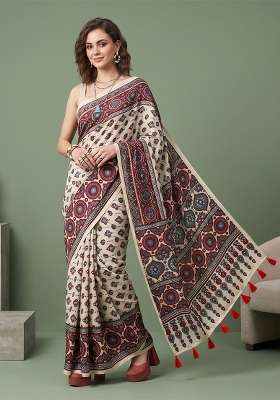 White Geomatric Silk Saree Set