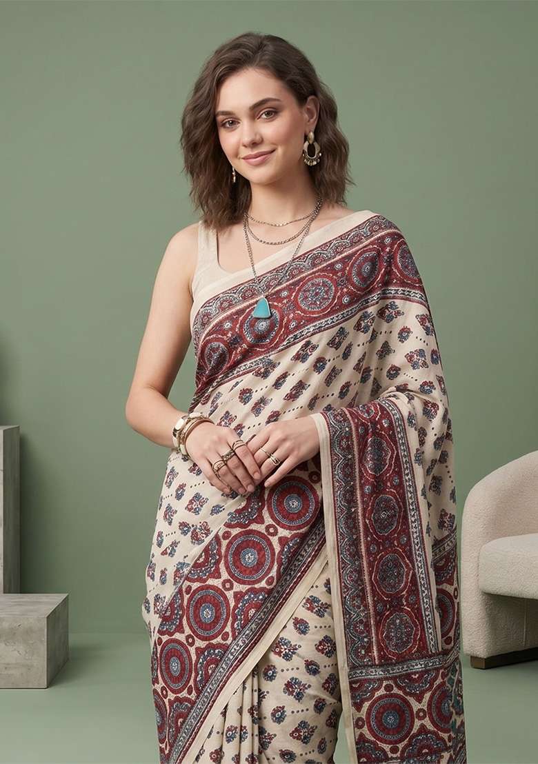 White Geomatric Silk Saree Set - Indya