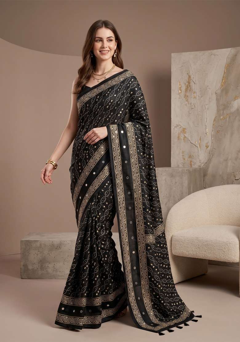 Black Geomatric Silk Saree Set - Indya