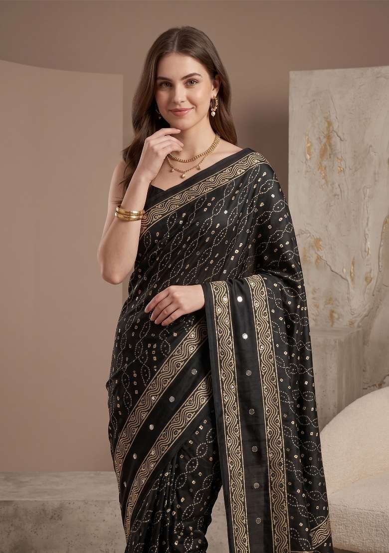 Black Geomatric Silk Saree Set - Indya