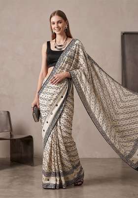 White Geomatric Silk Saree Set