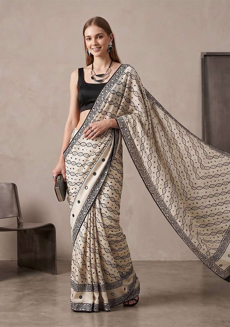 White Geomatric Silk Saree Set - Indya