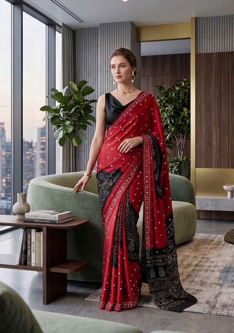 Red Bandhani Silk Saree Set - Indya